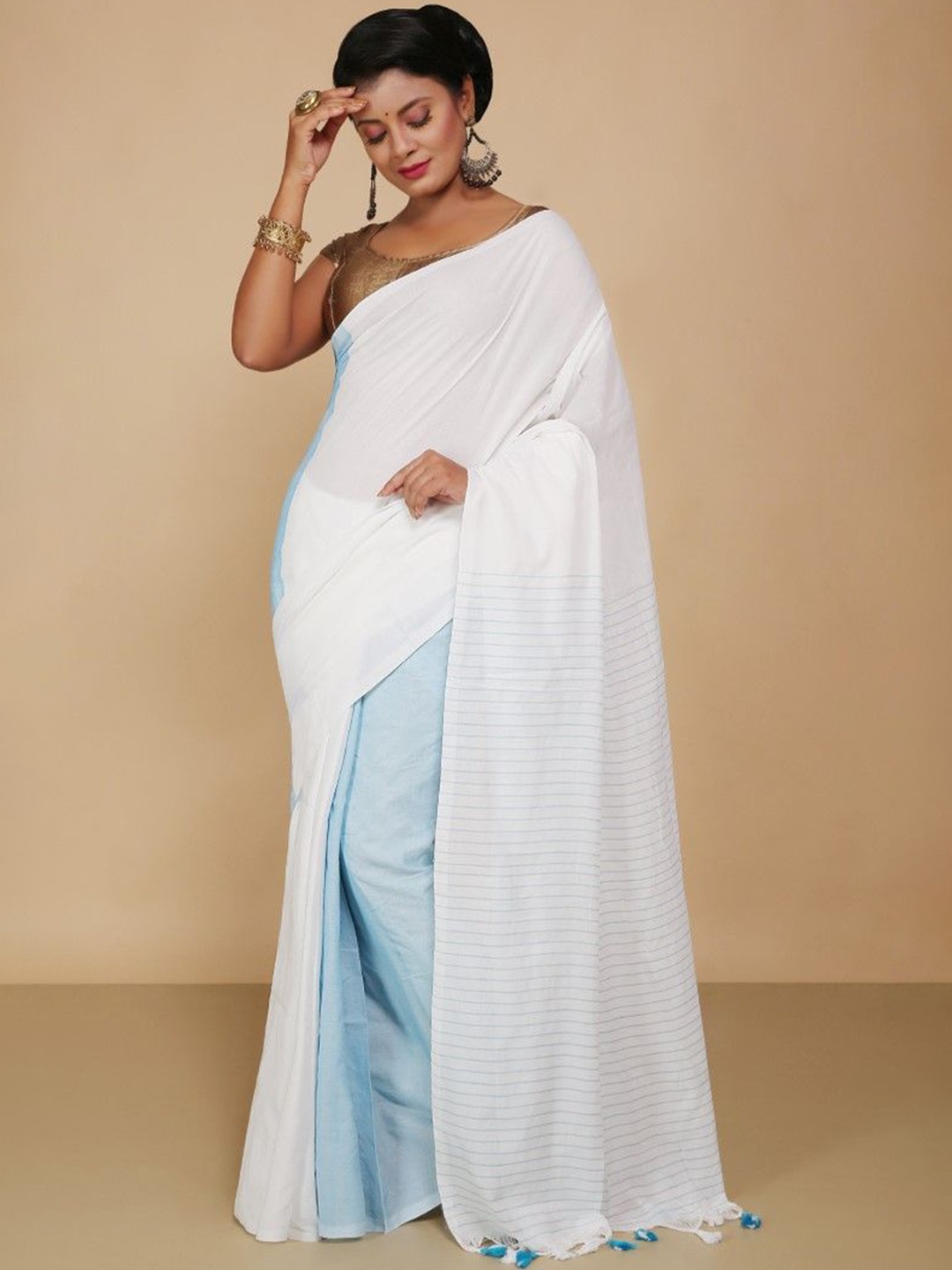 

BENGAL HANDLOOM Pure Cotton Taant Saree, White