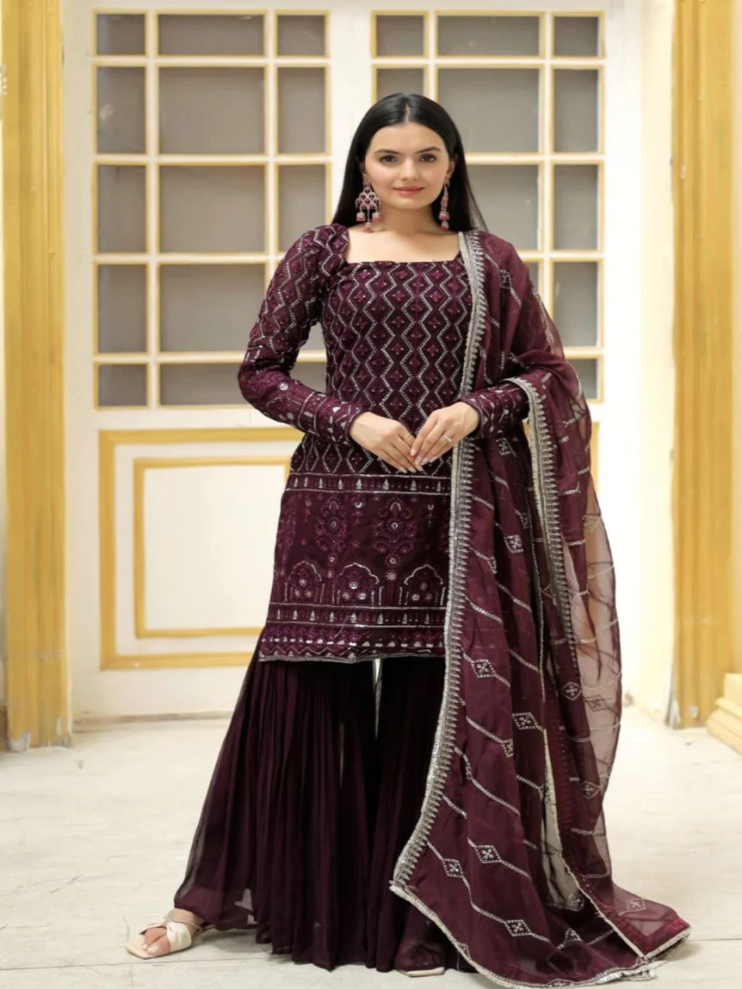 

KALINI Chevron Embroidered Square Neck Sequinned Straight Kurta With Sharara & Dupatta, Purple