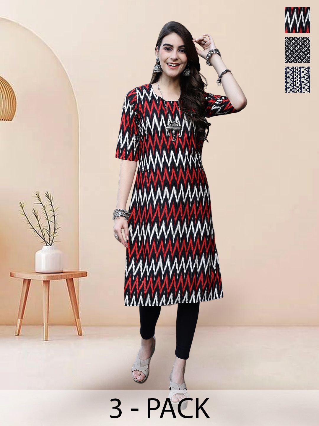 

7Threads Selection Of 3 Chevron Printed Round Neck Straight Kurtas, Red