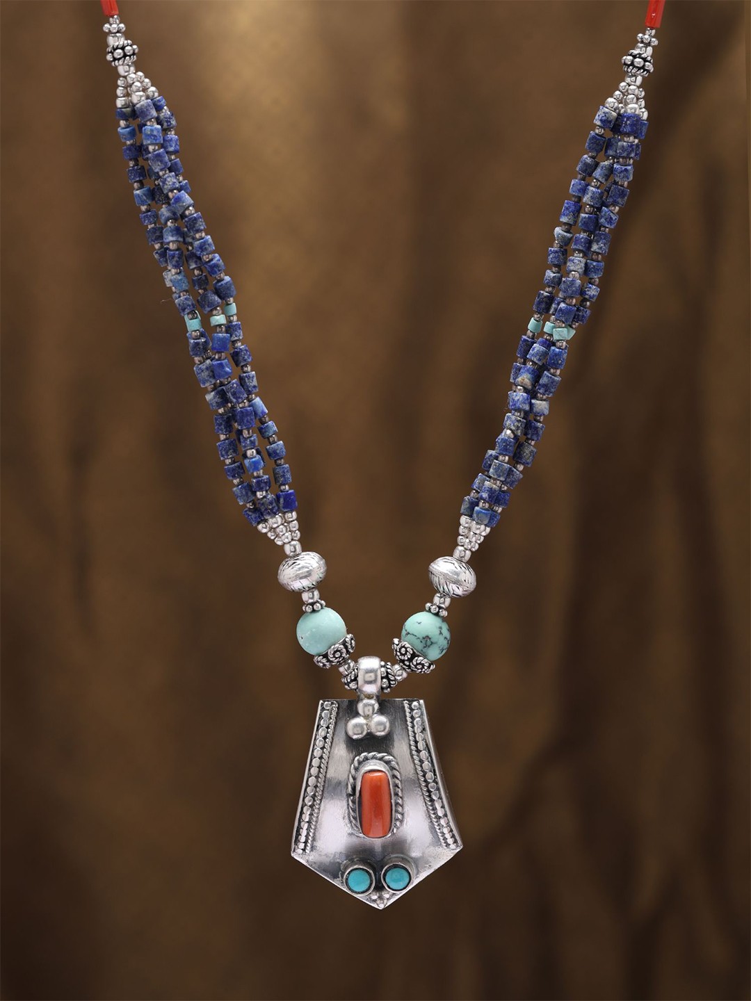 

Exotic India Sterling Silver Necklace With Turquoise Lapis Lazuli and Coral Stone, Blue