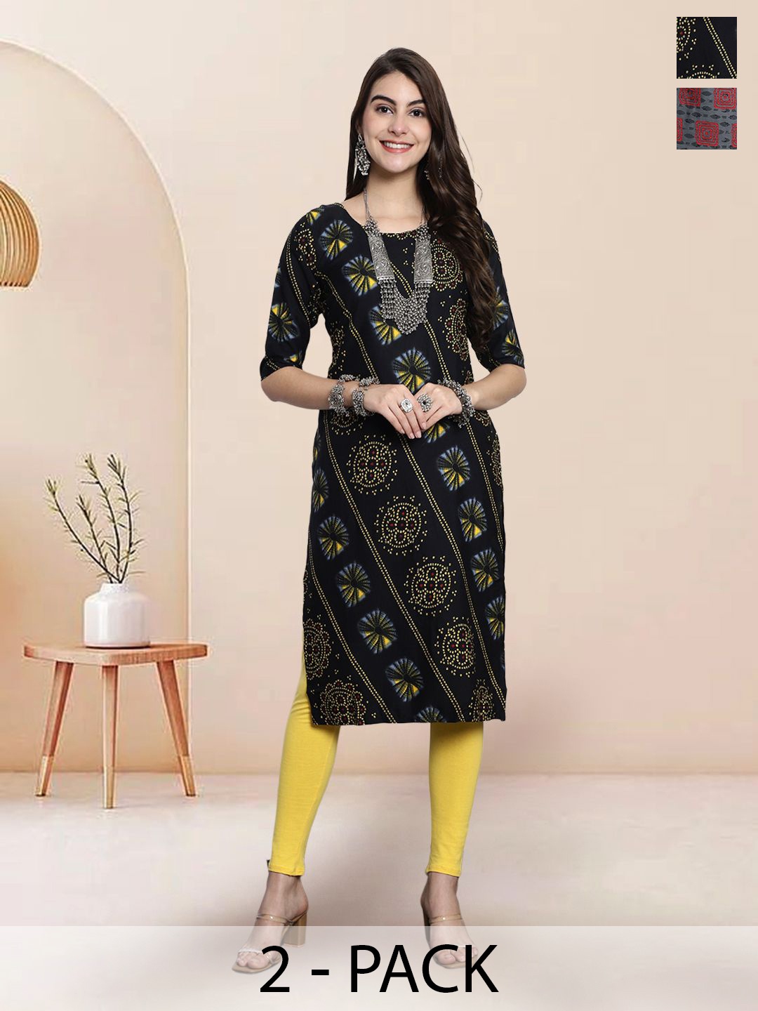 

7Threads Selection Of 2 Ethnic Motifs Printed Round Neck Straight Kurtas, Black