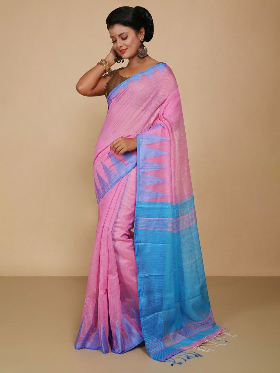 

BENGAL HANDLOOM Art Silk Taant Saree, Pink