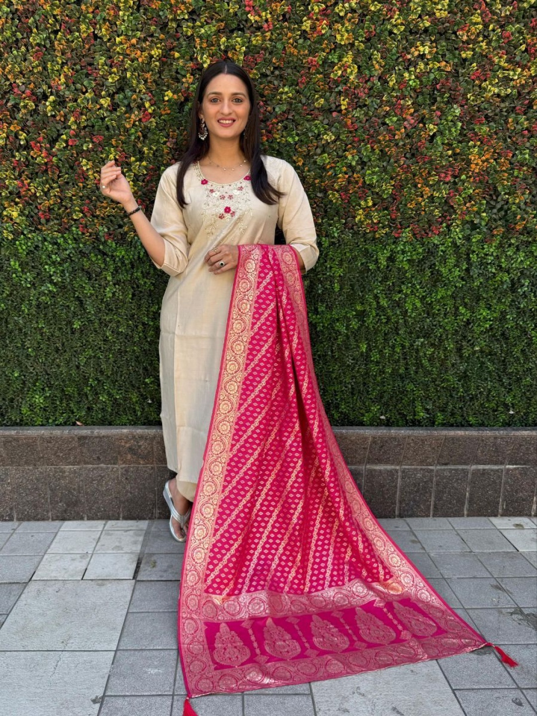

XAYCRA CREATION Floral Embroidered Beads Work Silk Straight Kurta With Trousers & Dupatta, Cream