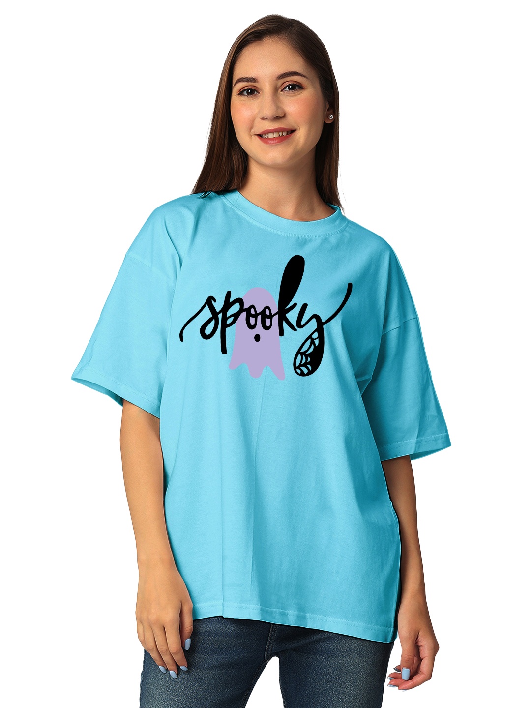 

STATUS MANTRA Women Typography Printed Bio Finish Applique T-shirt, Turquoise blue