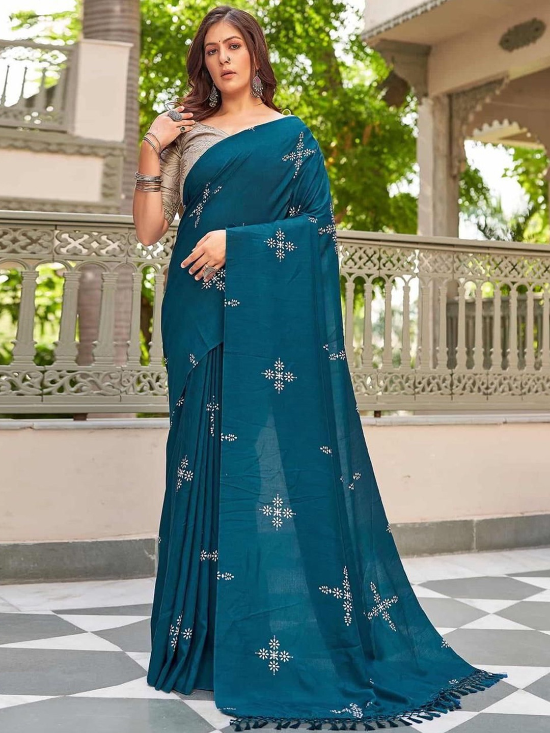 

A TO Z CART Silk Cotton Block Print Saree, Blue