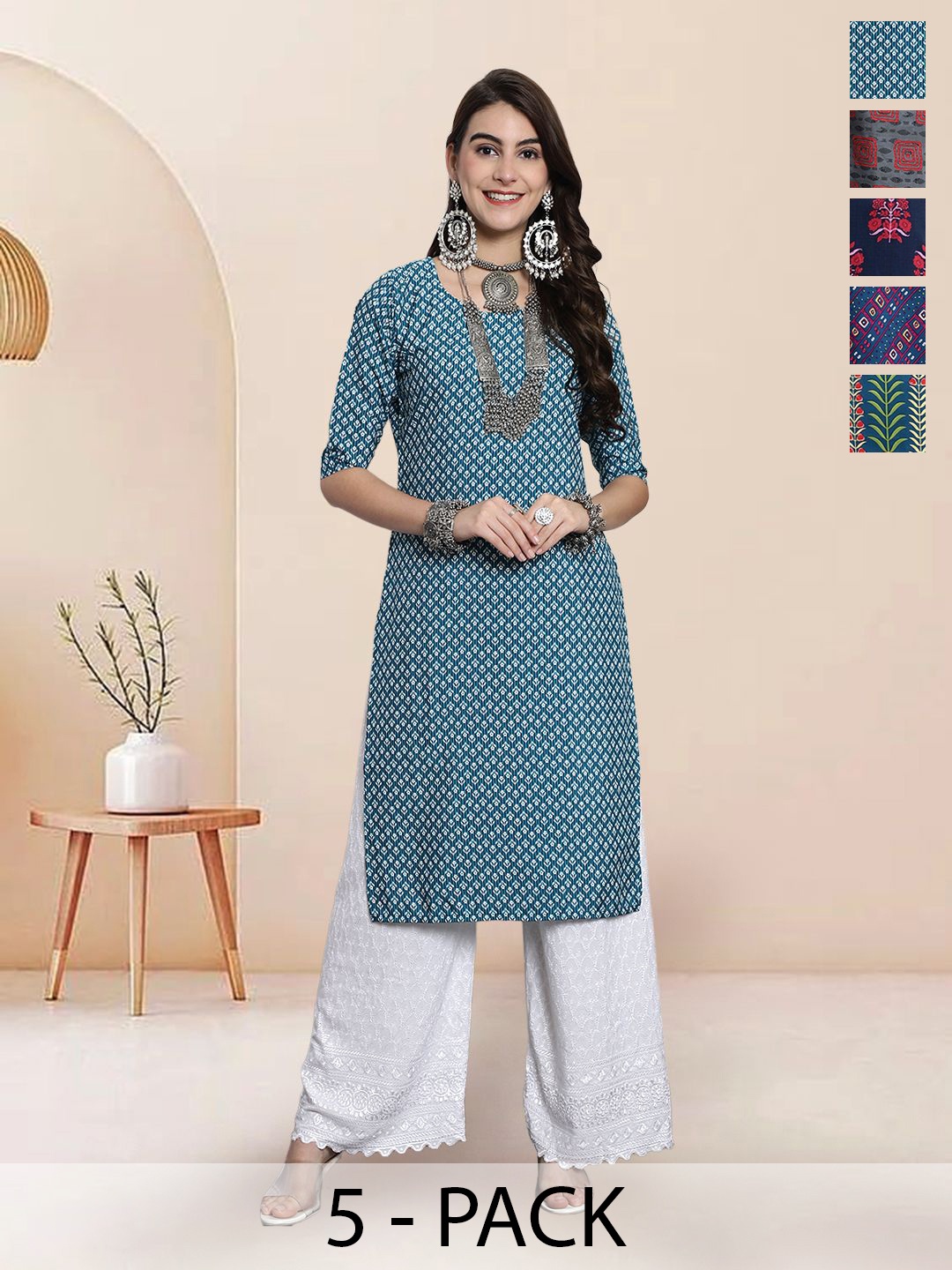 

7Threads Selection Of 5 Ethnic Motifs Printed Round Neck Kurtas, Blue