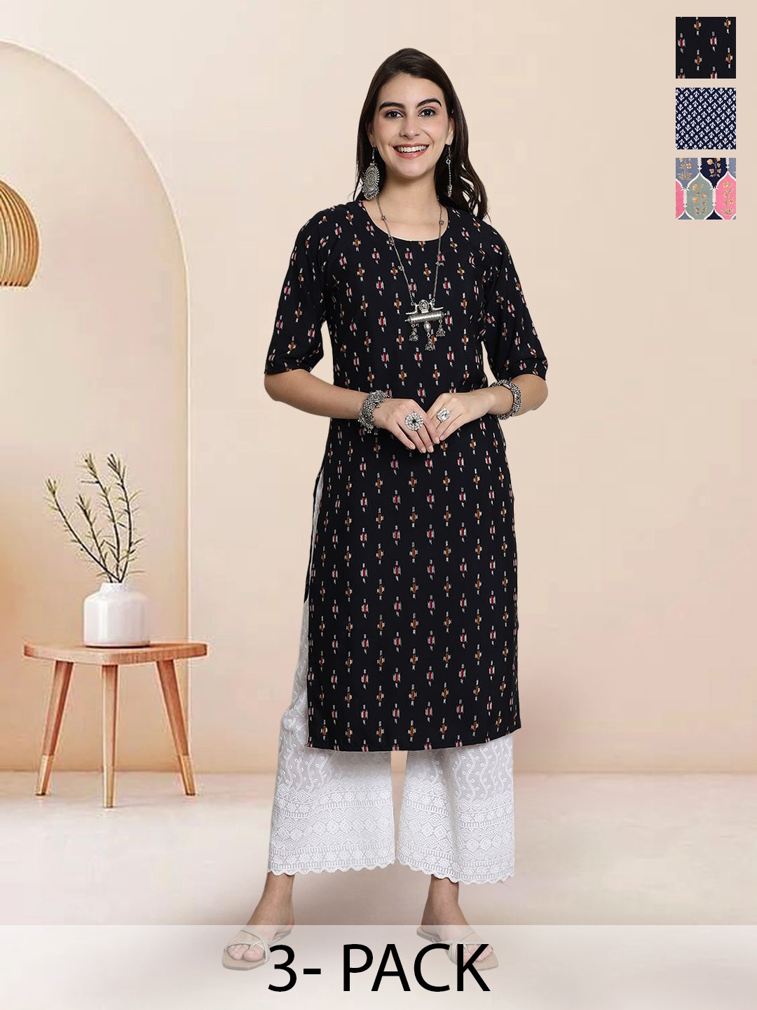 

7Threads Selection Of 3 Geometric Printed Round Neck Straight Kurtas, Black