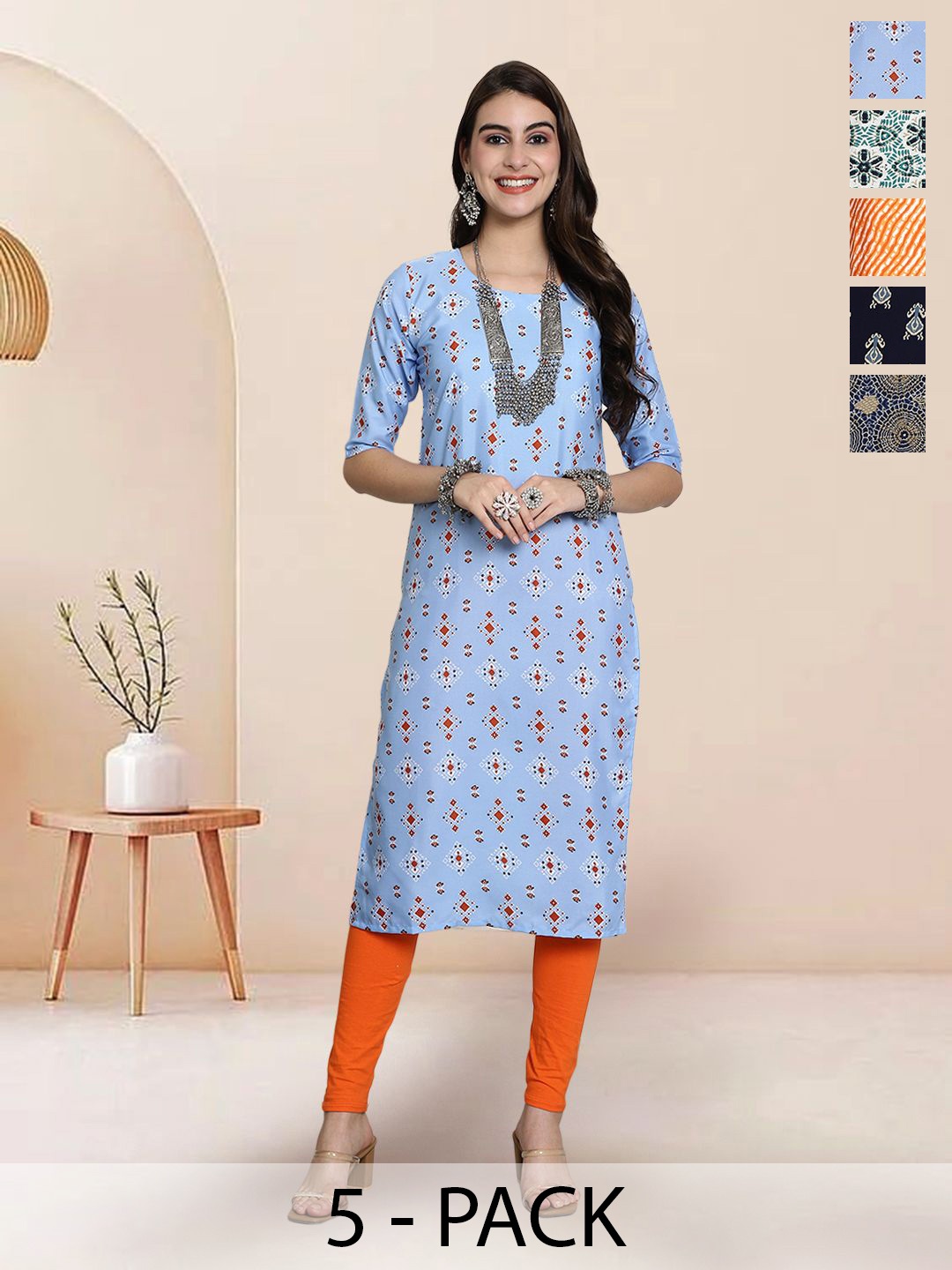 

7Threads Selection Of 5 Geometric Printed Round Neck Kurtas, Blue