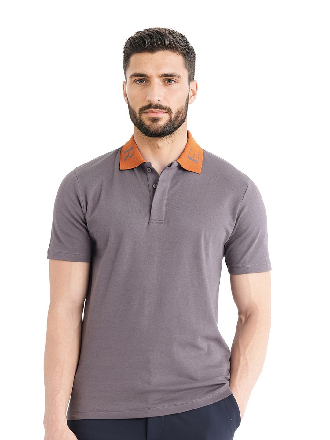

RARE RABBIT Men Solid Polo Collar Cotton T-shirt, Grey