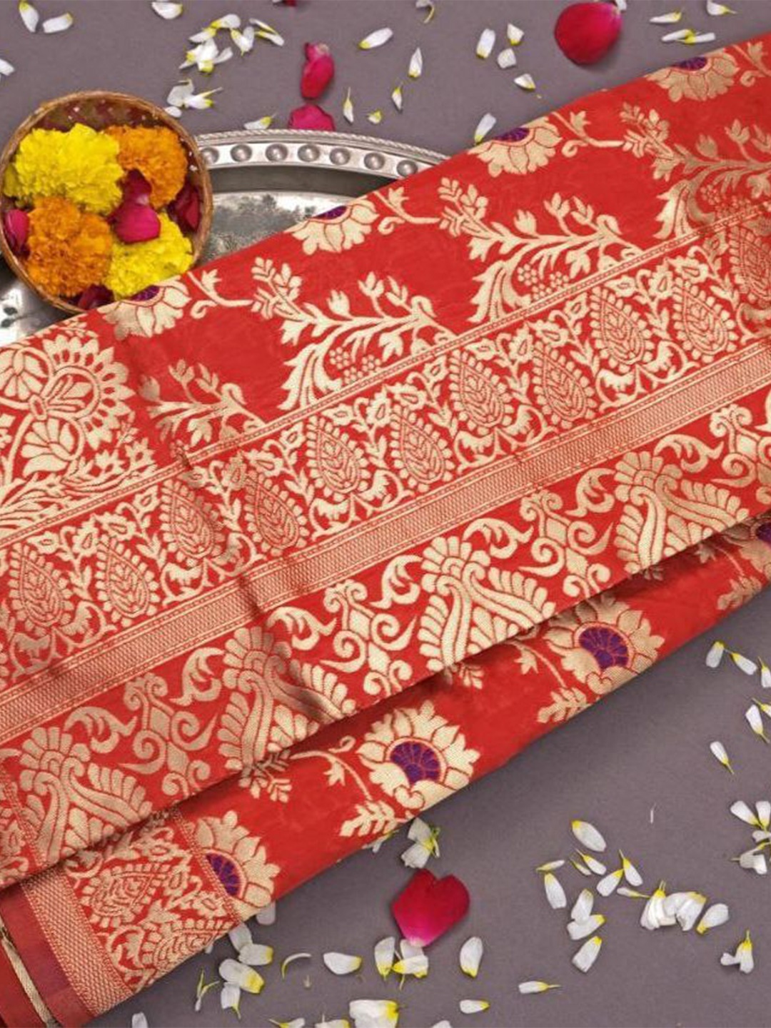 

choiceit Floral Zari Pure Silk Saree, Orange