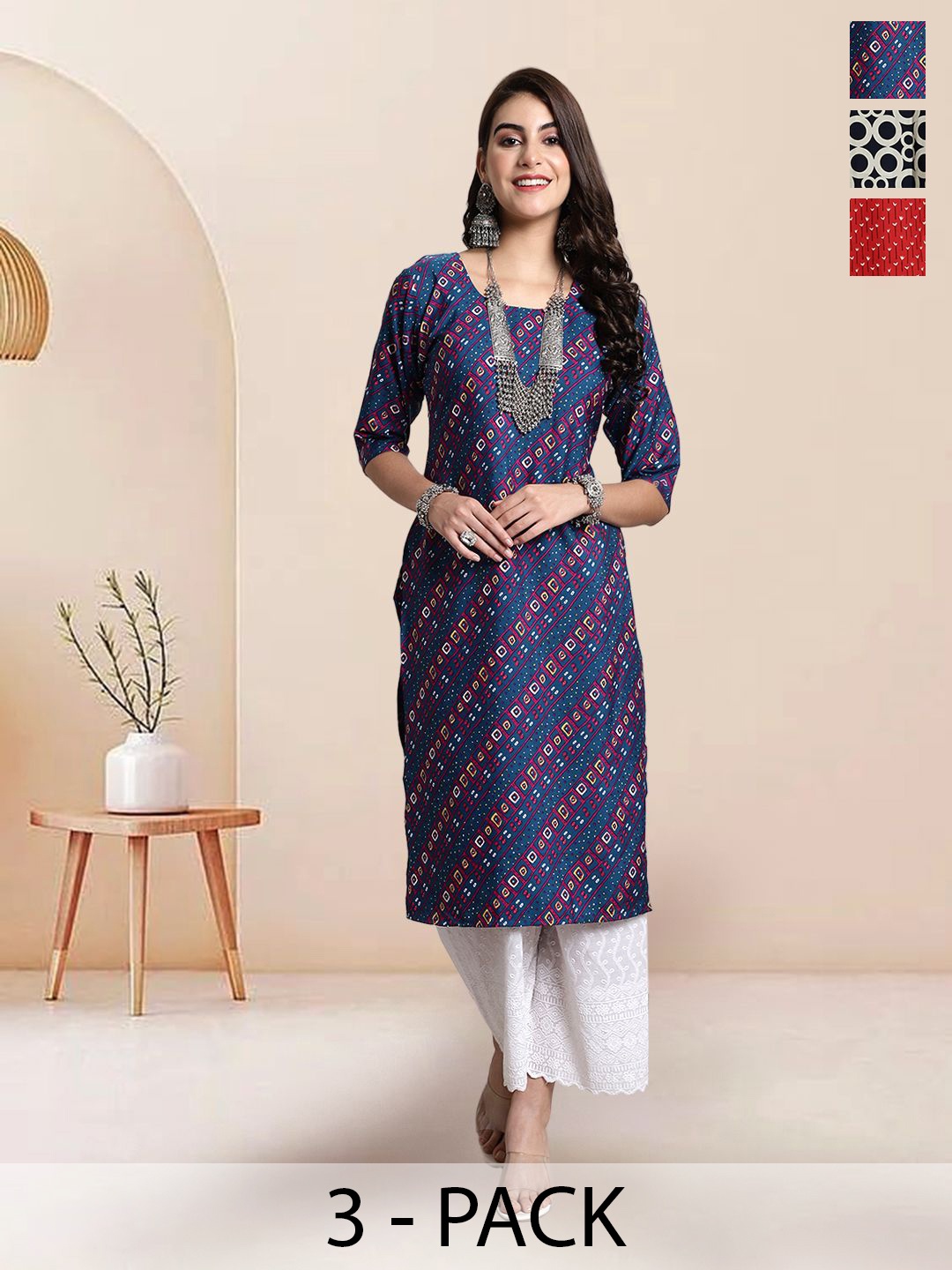 

7Threads Selection Of 3 Geometric Printed Round Neck Straight Kurtas, Blue