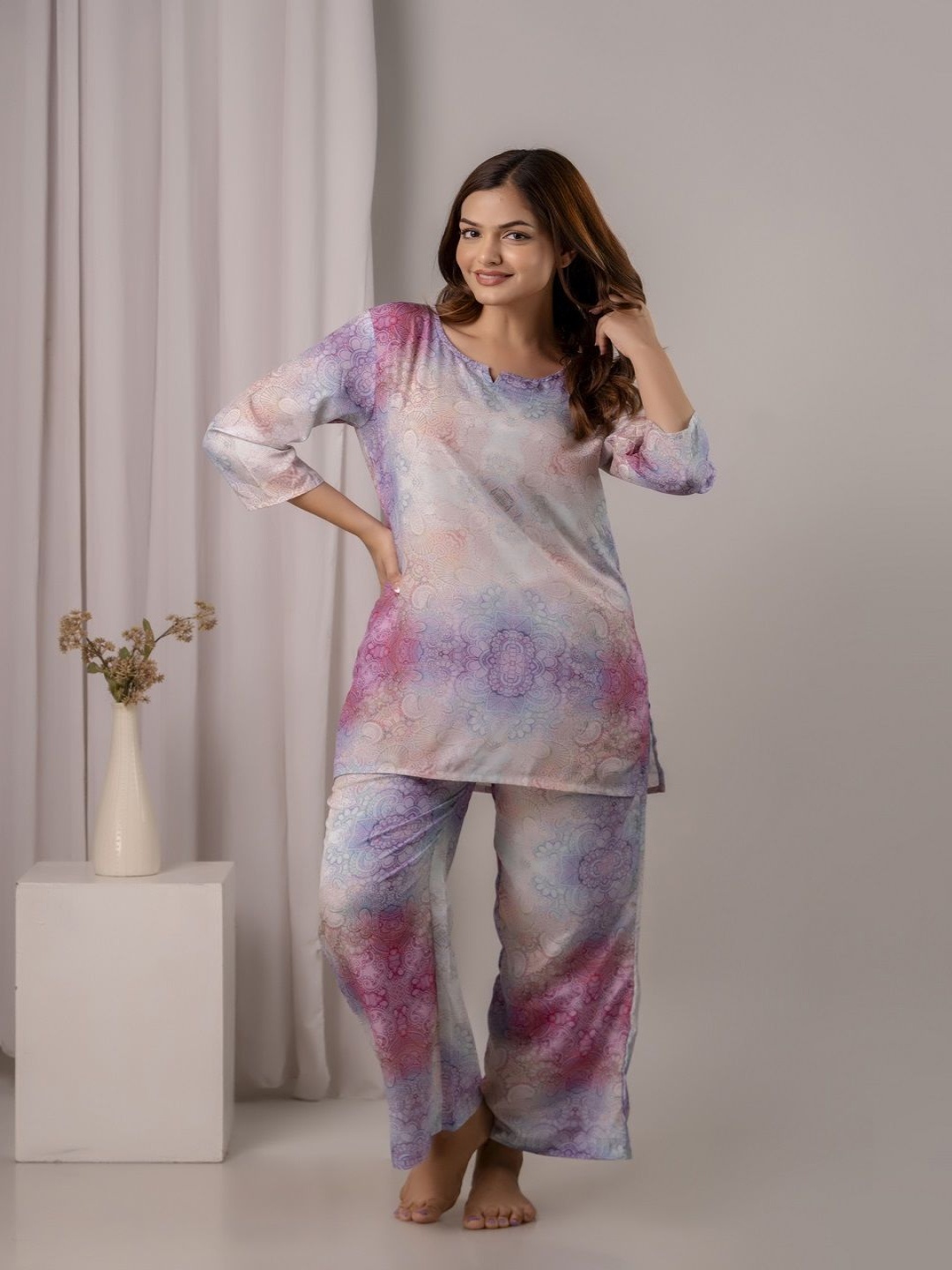 

RANGREAL Abstract Printed Round Neck Top With Pyjama, White