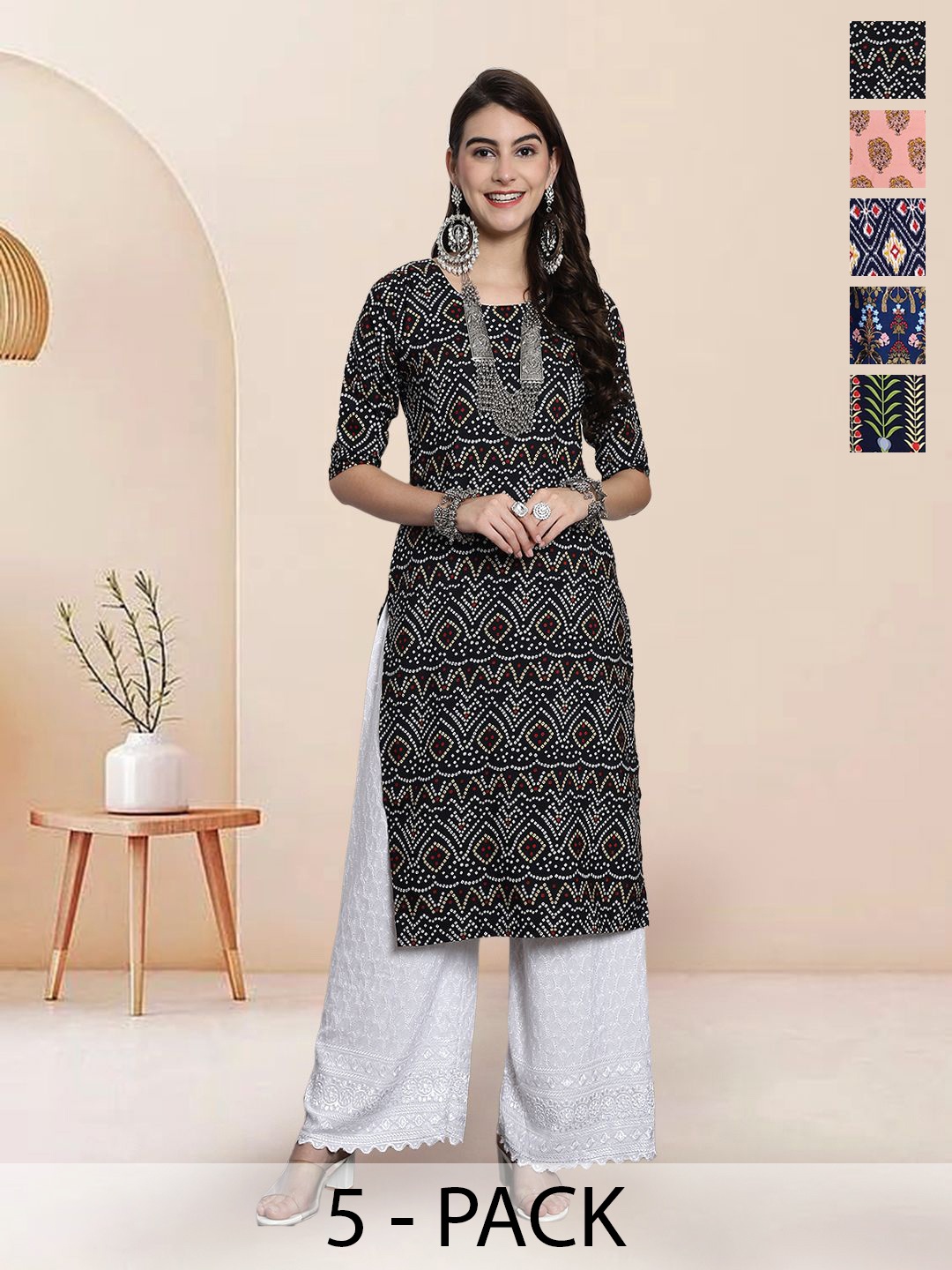 

7Threads Selection Of 5 Bandhani Printed Round Neck Kurtas, Black