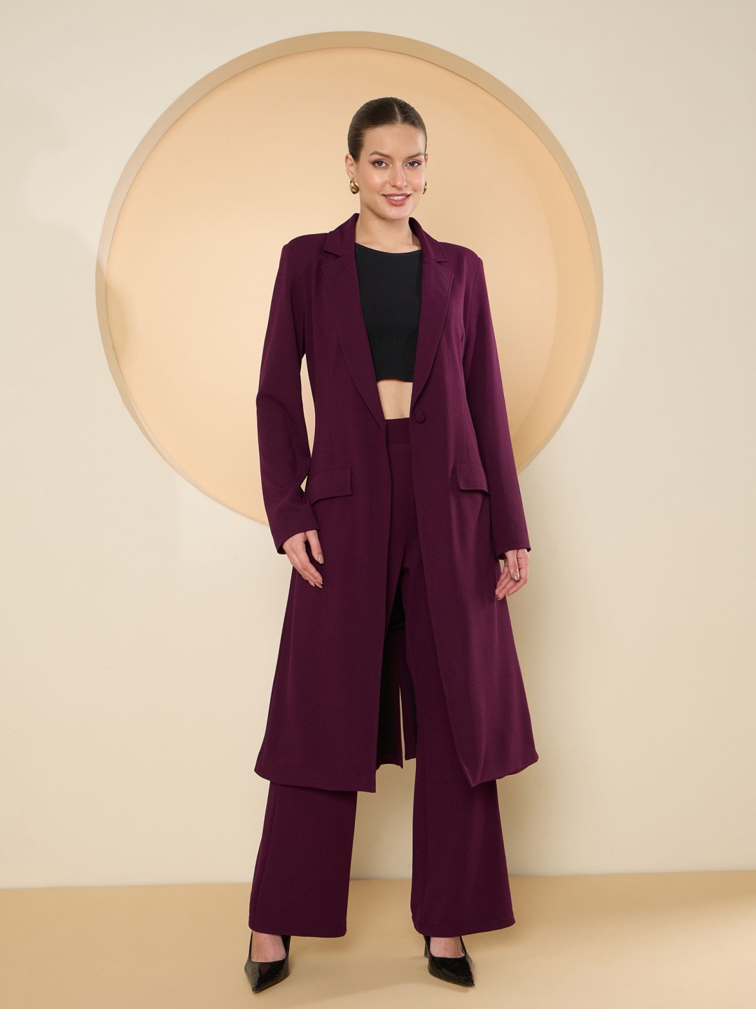 

Antheaa Purple Trench collar Coat With Trouser