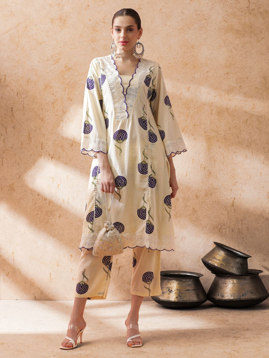 

STYLEBAAZI Floral Printed Kantha Work Pure Cotton A-Line Kurta With Palazzos, White