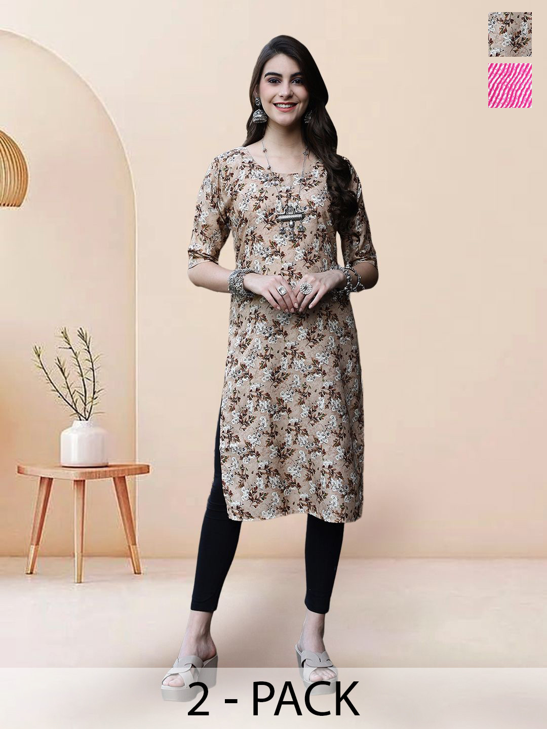 

7Threads Selection Of 2 Floral Printed Round Neck Straight Kurtas, Brown