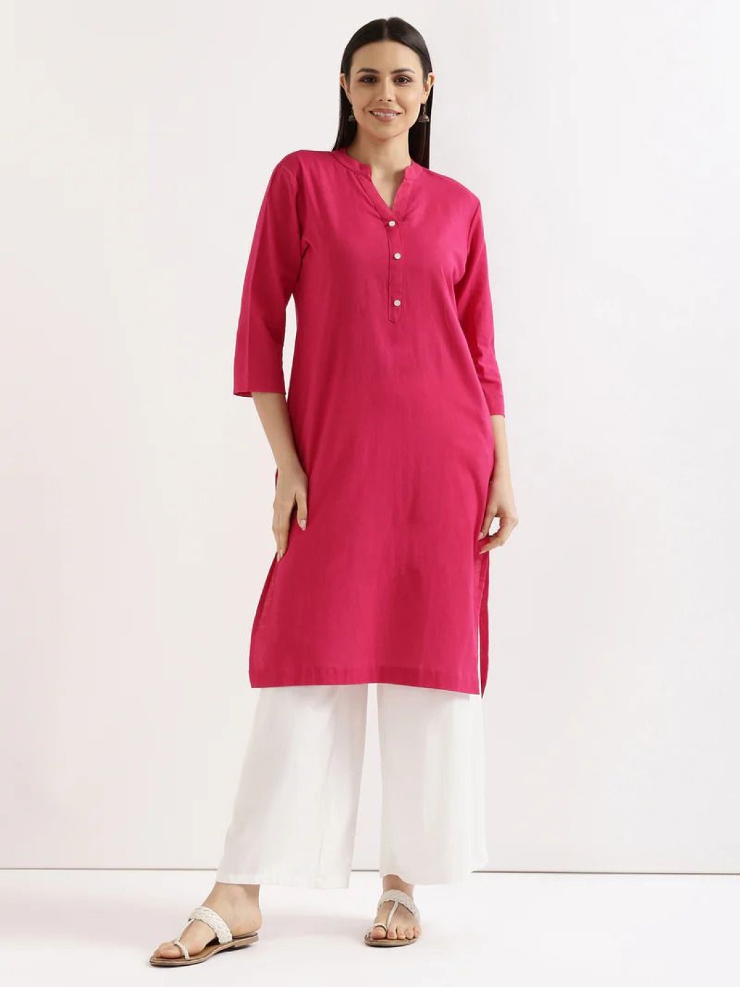 

KASHISHIYA Mandarin Collar Pure Cotton Straight Kurtas, Pink
