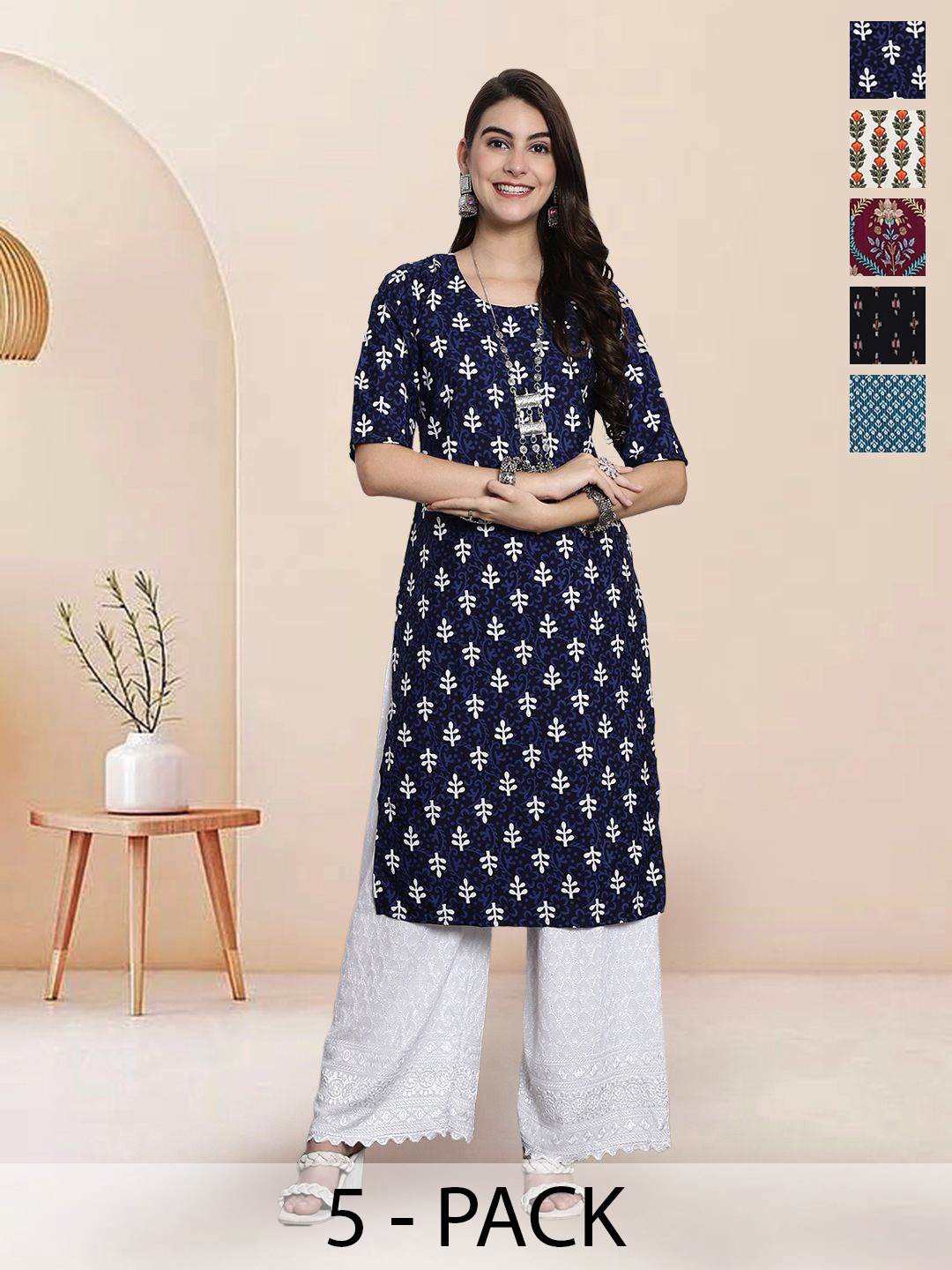 

7Threads Selection of 5 Floral Printed Round Neck Straight Kurtas, Navy blue