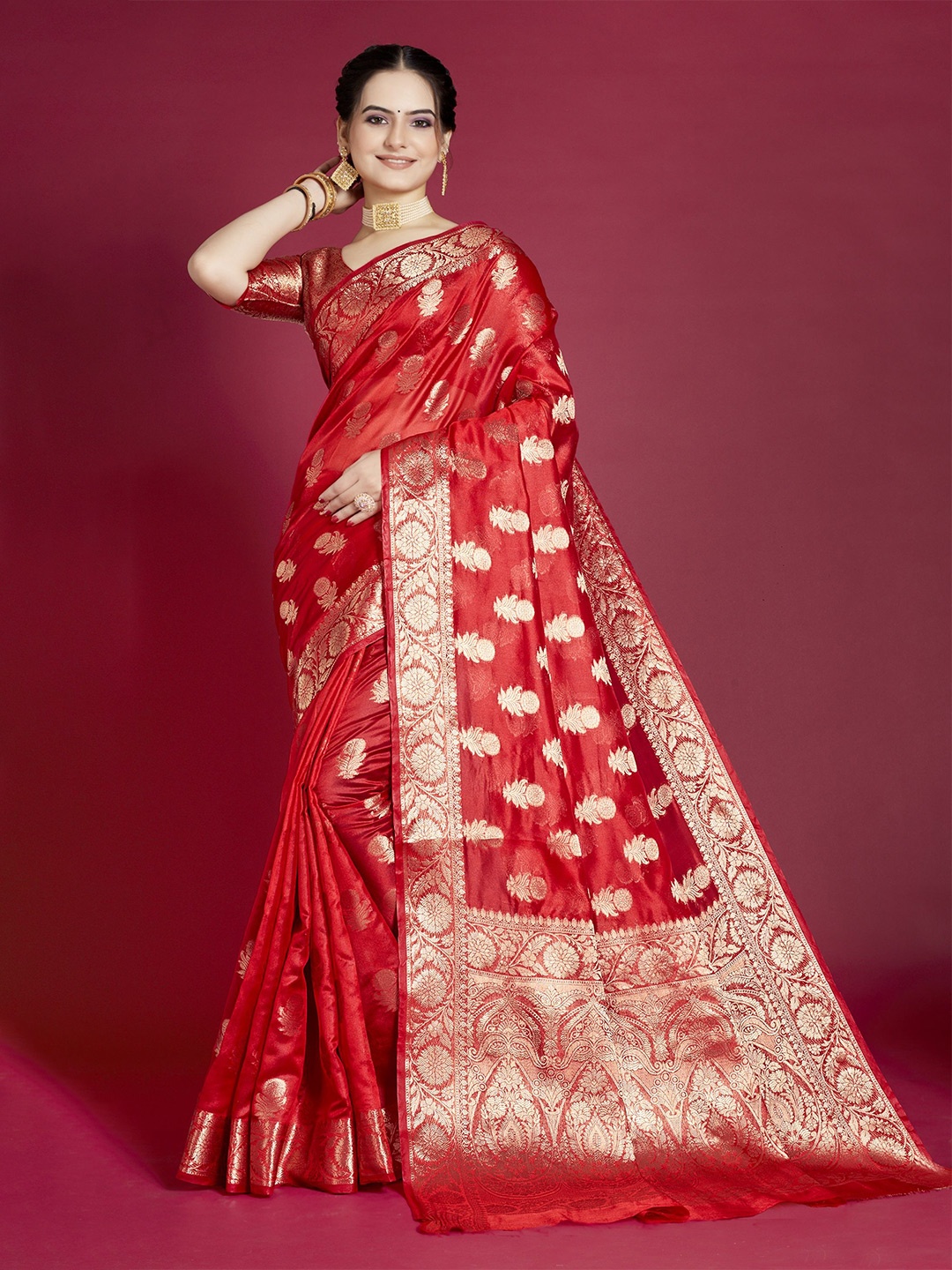 

Melok Woven Design Organza Ready to Wear Banarasi Saree, Red
