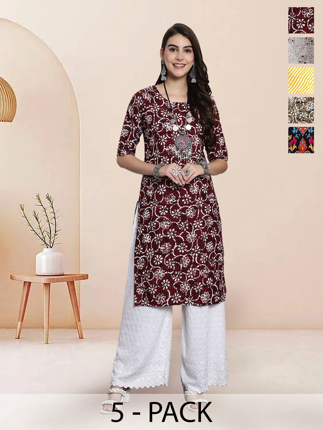 

7Threads Selection Of 5 Floral Printed Round Neck Straight Kurtas, Maroon