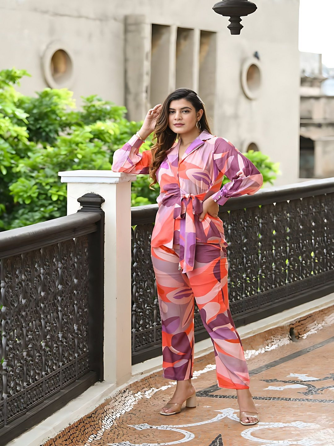 

Moda Rapido Printed Lapel Collar Tunic With Trouser, Purple