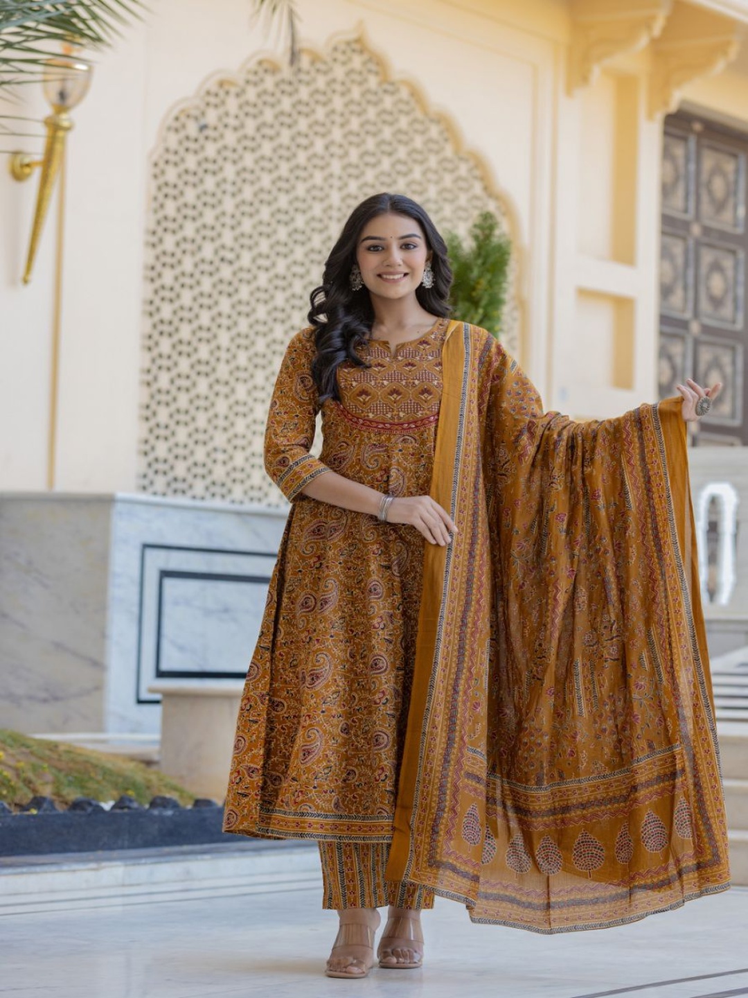 

AARDRAA Paisley Printed Sequinned Pure Cotton Anarkali Kurta With Trousers & Dupatta, Mustard