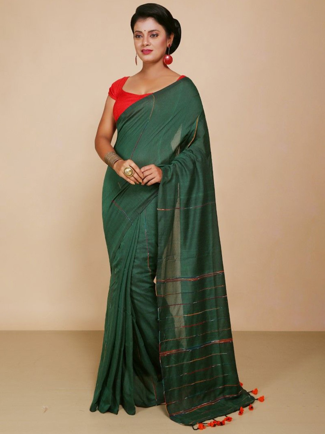 

BENGAL HANDLOOM Art Silk Taant Saree, Green