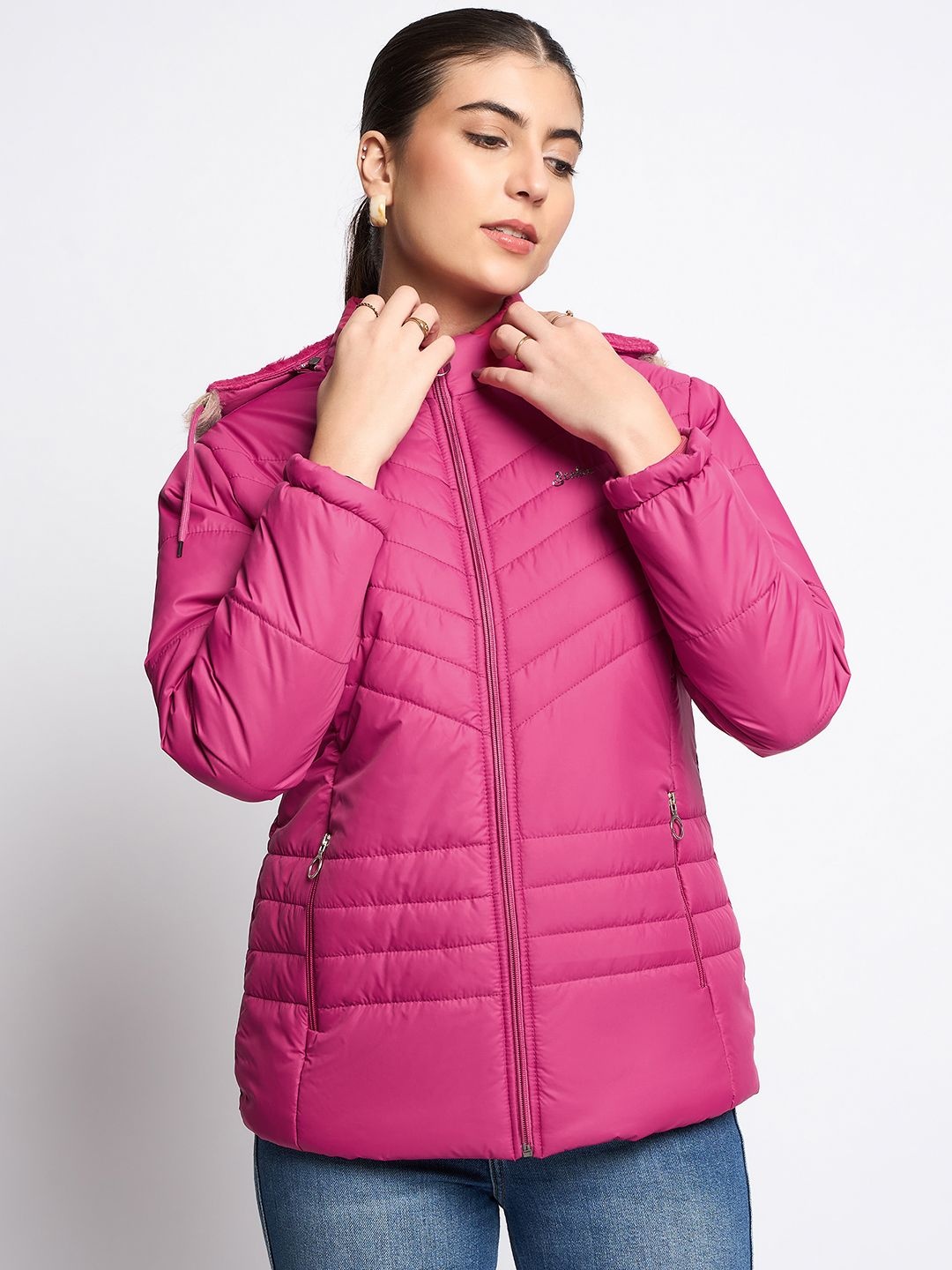 

SCOLLER Women Hooded Solid Casual Padded Jacket, Pink