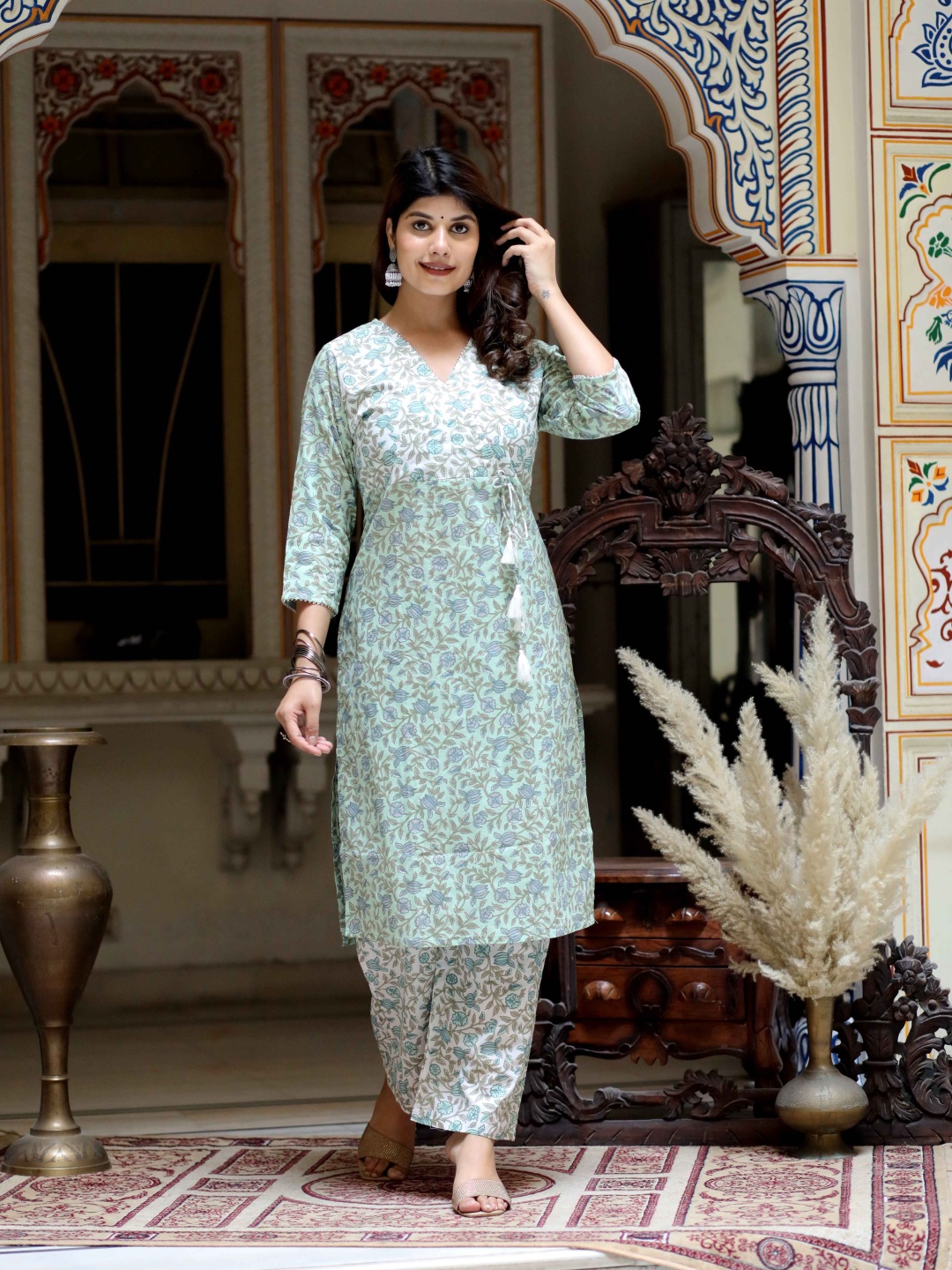 

Doriyaan Floral Printed Angrakha Pure Cotton Kurta With Palazzos & Dupatta, Green