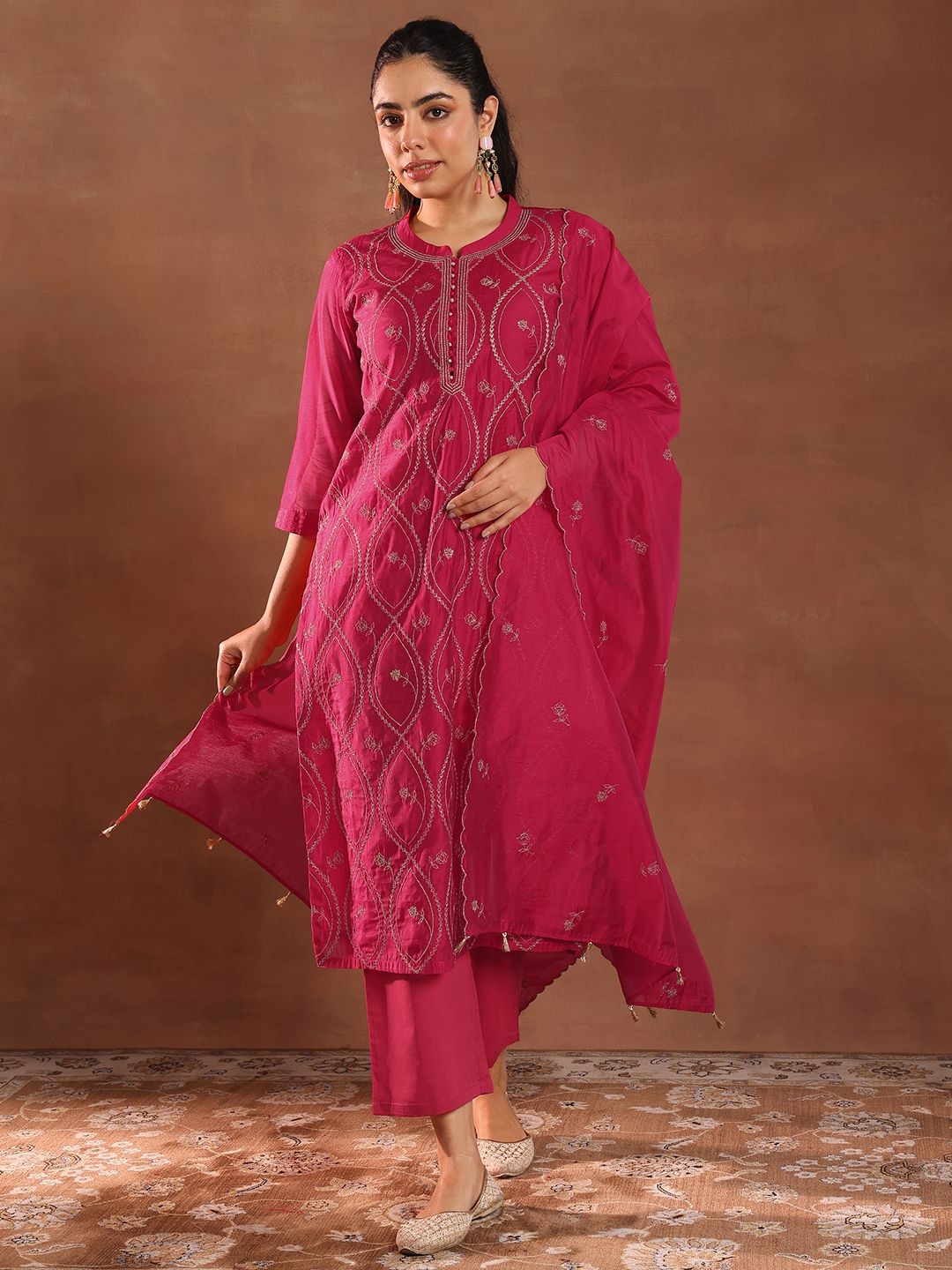 

Libas Ethnic Motifs Embroidered Chanderi Silk Straight Kurta With Trousers & Dupatta, Pink