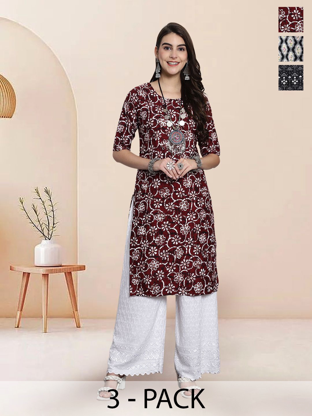 

7Threads Selection Of 3 Ethnic Motifs Printed Round Neck Straight Kurtas, Maroon