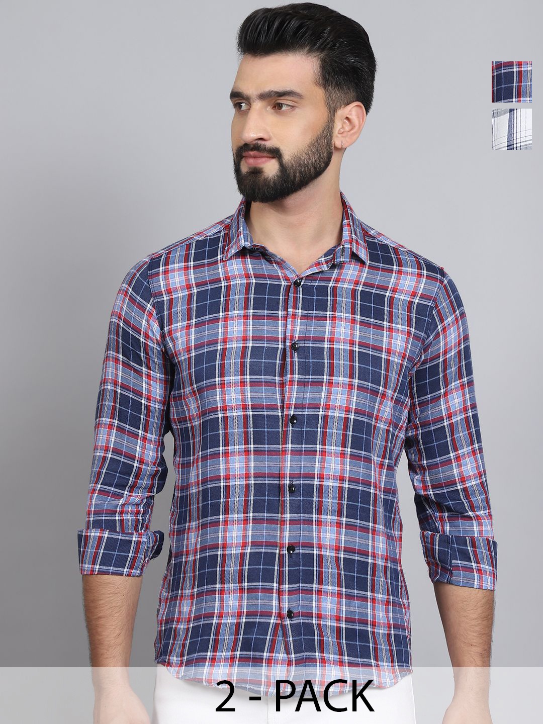 

Tanip Men Pack Of 2 Spread Collar Tartan Checked Cotton Casual Shirts, Navy blue