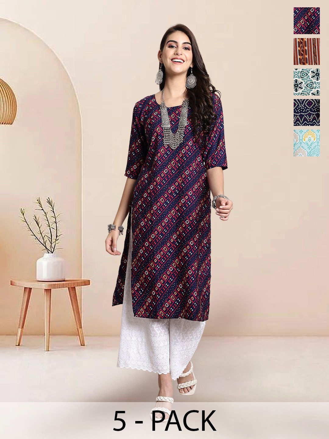 

7Threads Selection Of 5 Geometric Printed Straight Kurtas, Navy blue