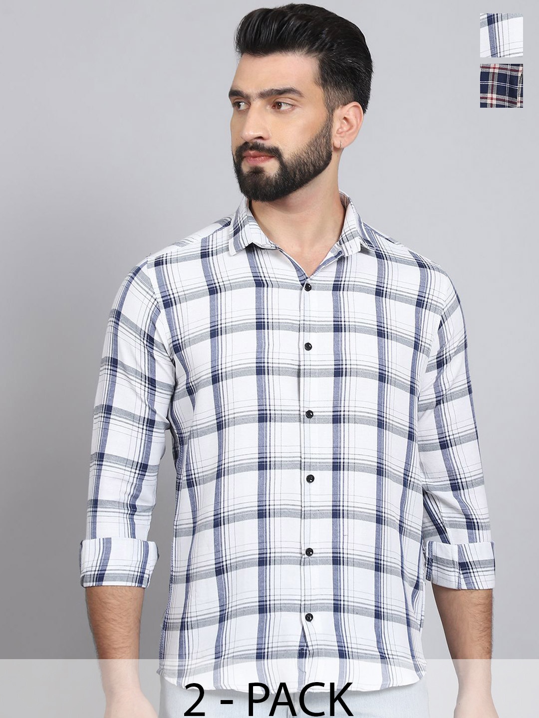 

Tanip Men Pack Of 2 Spread Collar Tartan Checked Cotton Casual Shirts, White