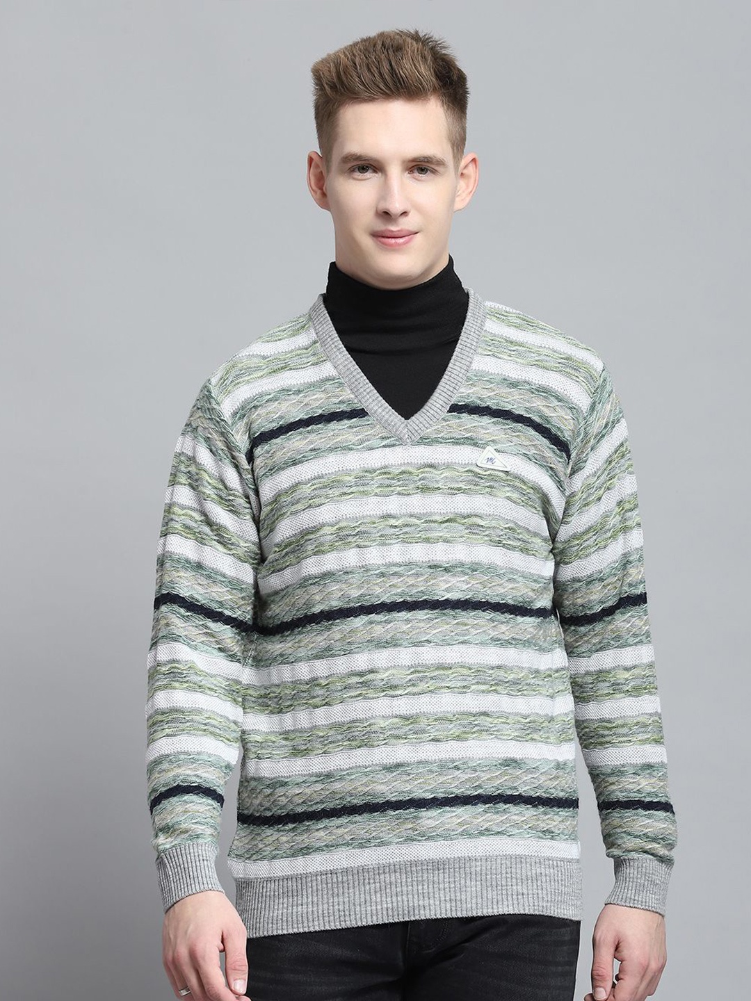 

Monte Carlo Men Striped Woollen Pullover, Grey