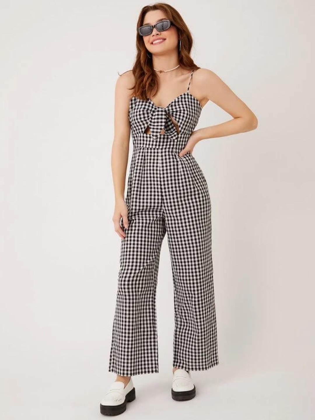 

TANDUL Women Organic Cotton Checked Basic Jumpsuit, Black
