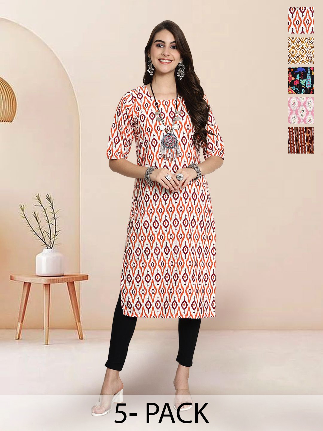 

7Threads Selection Of 5 Ethnic Motifs Printed Round Neck Straight Kurtas, White