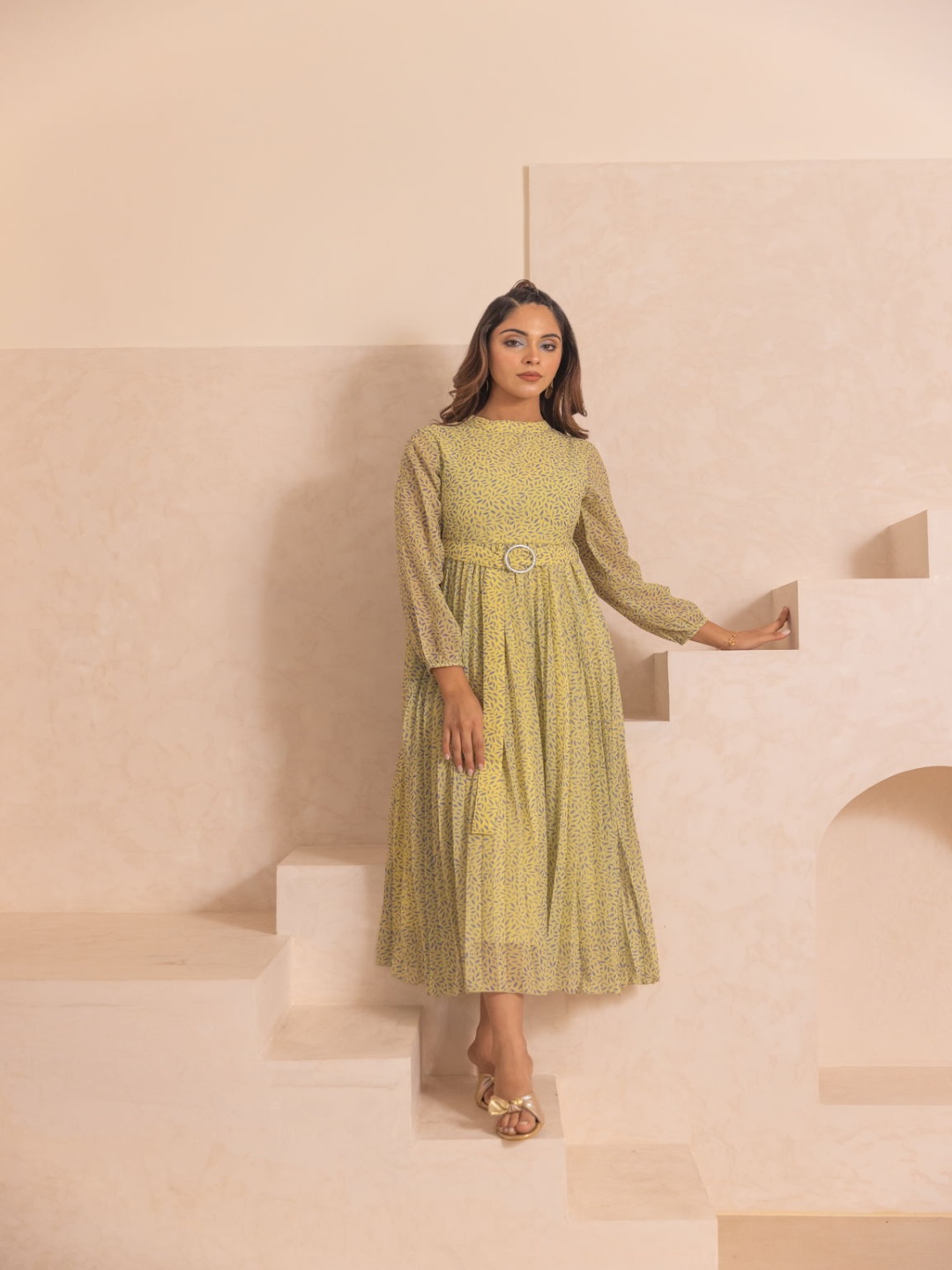 

Polago Clothing Round Neck Puff Sleeves Georgette Fit & Flare Dress, Yellow