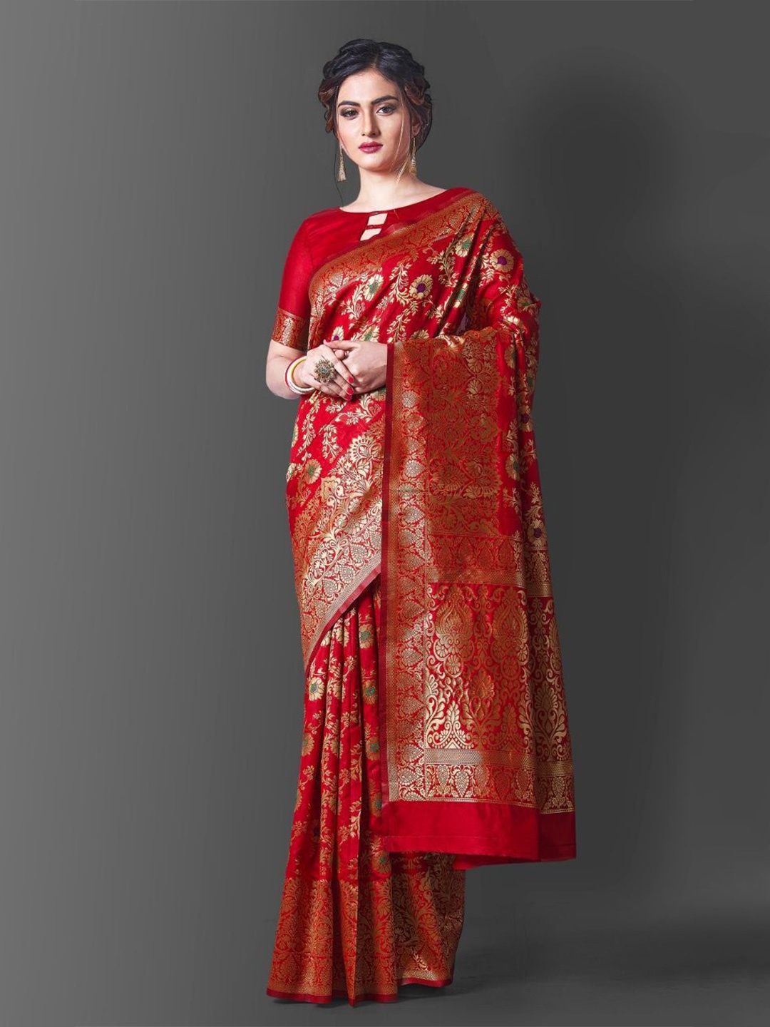 

choiceit Floral Zari Pure Silk Saree, Red