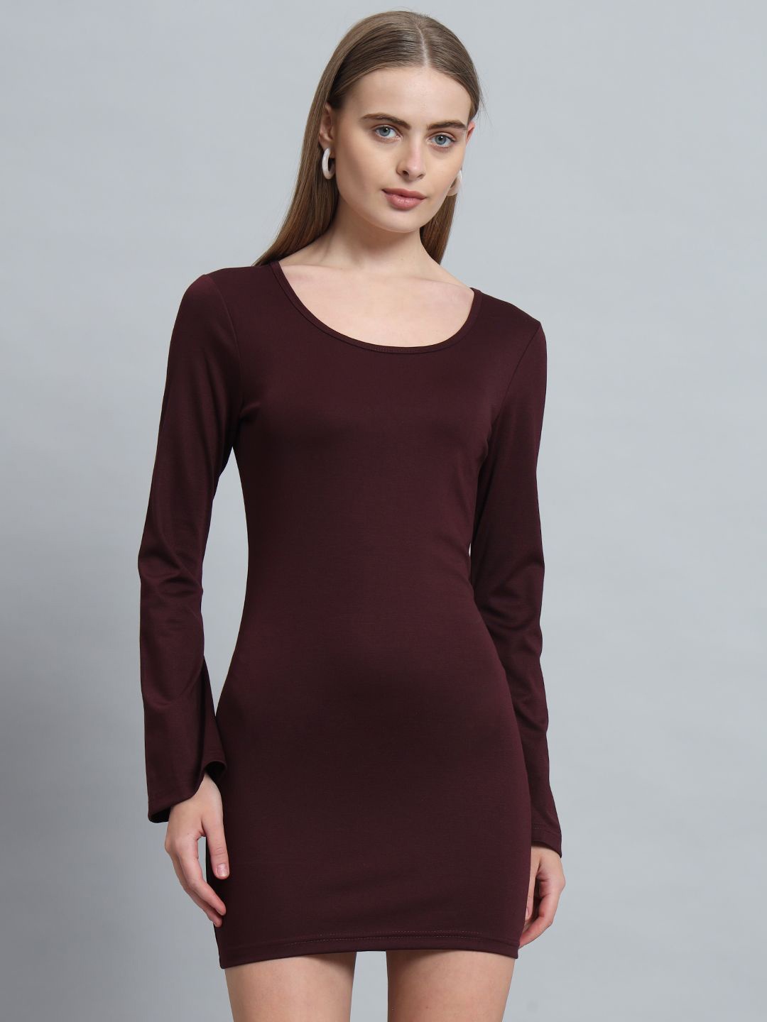

ND & R Women Strechable Solid Full Sleeve Bodycon Mini Length Dress, Maroon