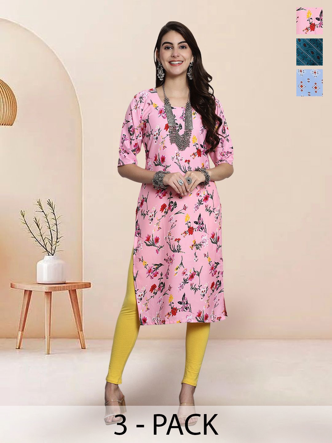 

7Threads Selection Of 3 Floral Printed Round Neck Straight Kurtas, Pink