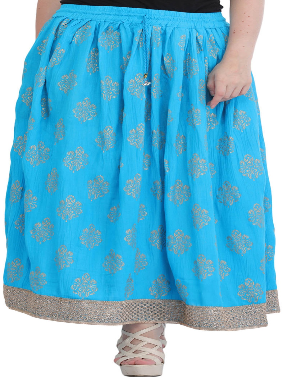 

Exotic India Printed Flared Maxi Skirt, Blue