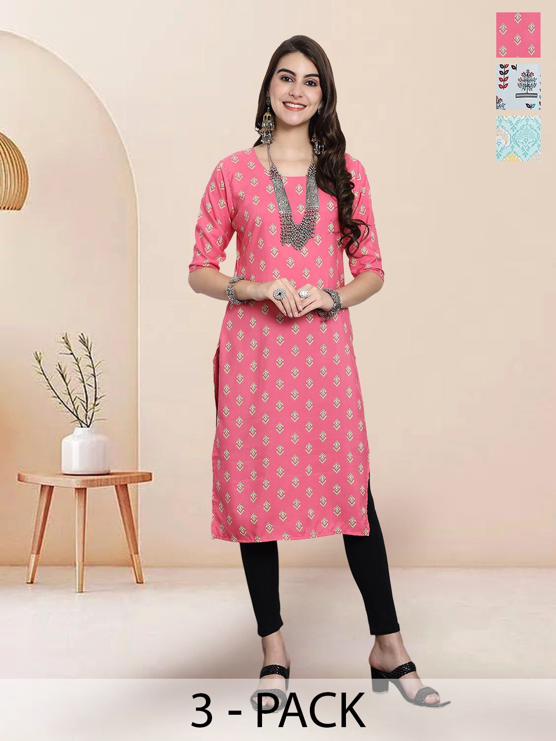 

7Threads Selection Of 3 Ethnic Motifs Printed Round Neck Straight Kurtas, Pink