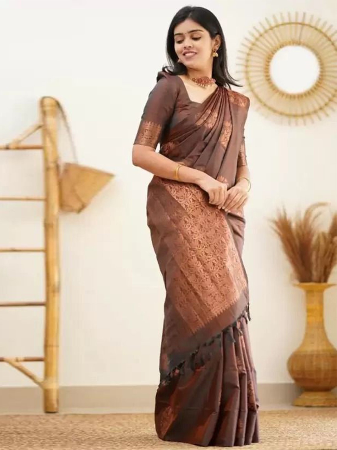 

KALINI Woven Design Pure Silk Designer Banarasi Saree, Brown