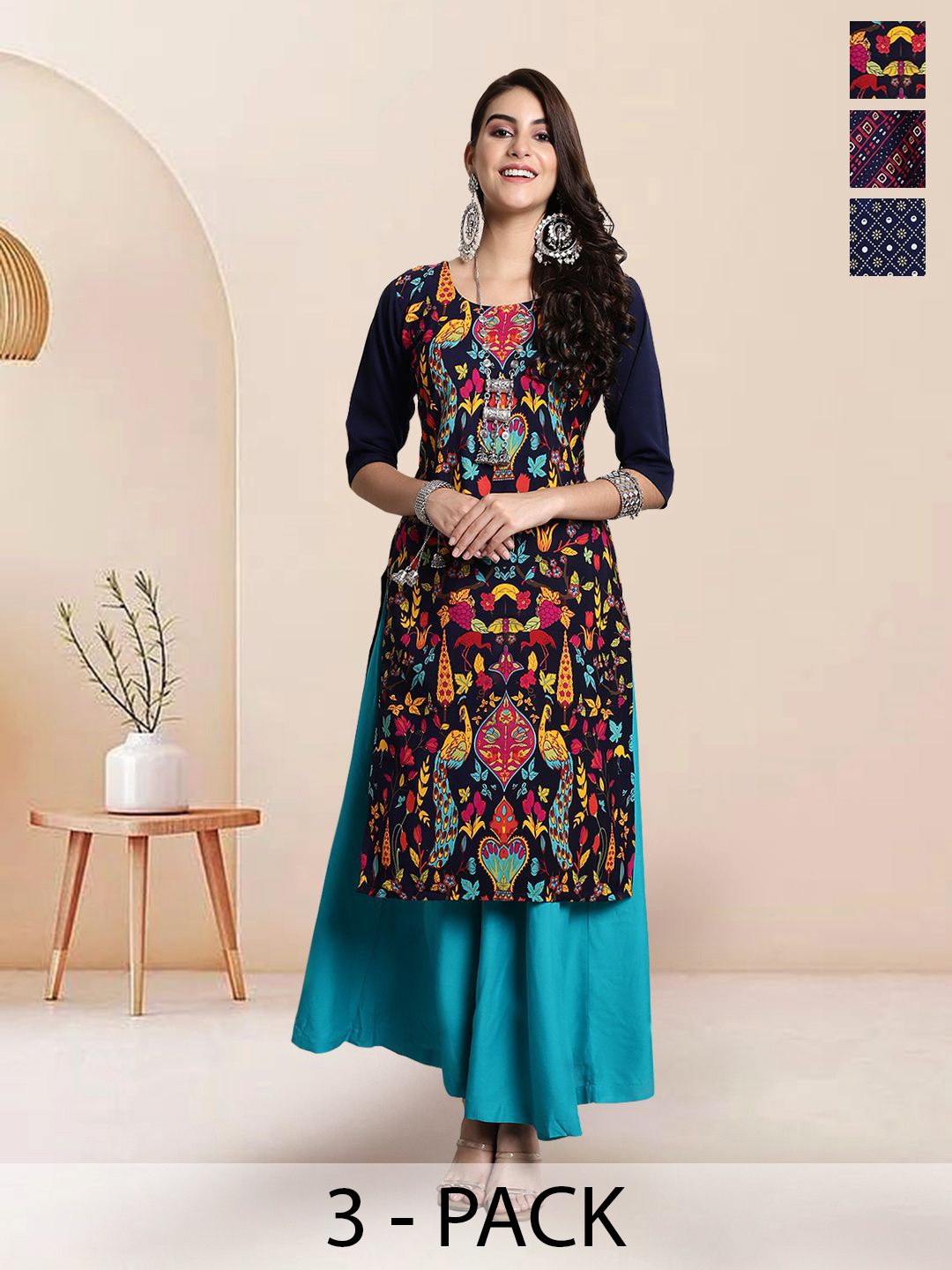 

7Threads Selection Of 3 Floral Printed Round Neck Straight Kurtas, Black