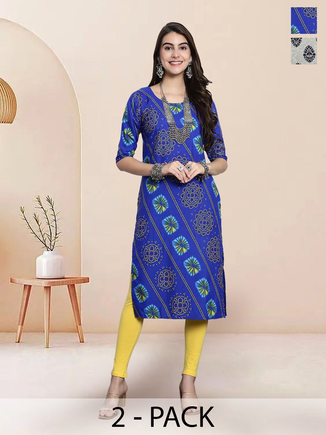 

7Threads Selection Of 2 Ethnic Motifs Printed Straight Kurtas, Blue