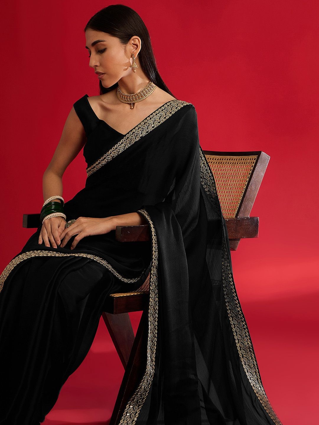 

Mitera Embroidered Satin Saree, Black