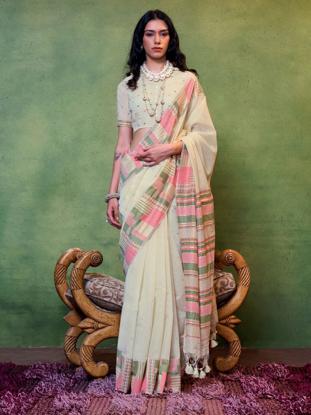 

ODETTE Woven Design Silk Blend Saree, Beige