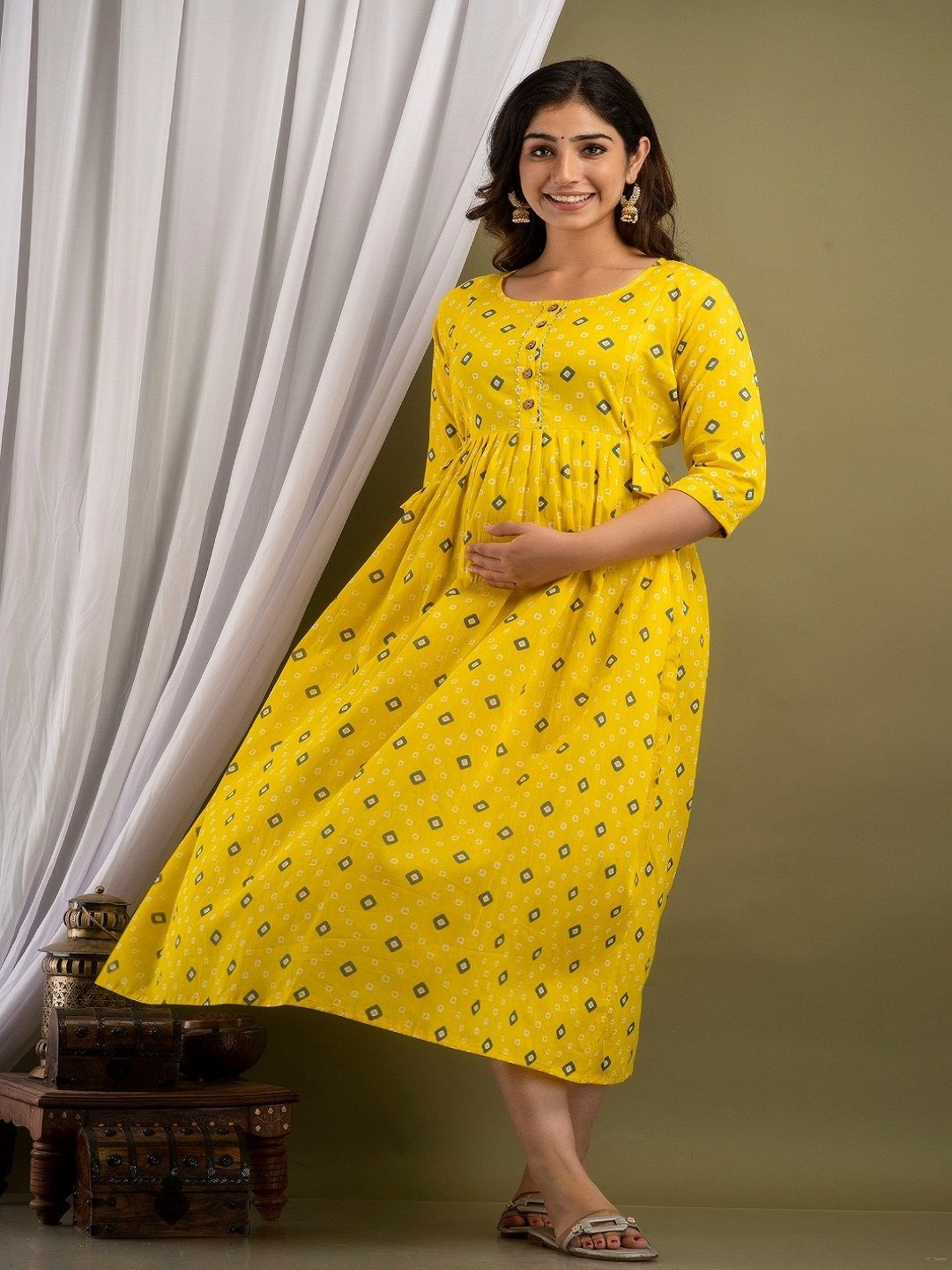 

Nevisha Style Women Floral Printed Thread Work Floral Maternity Anarkali Kurta, Yellow