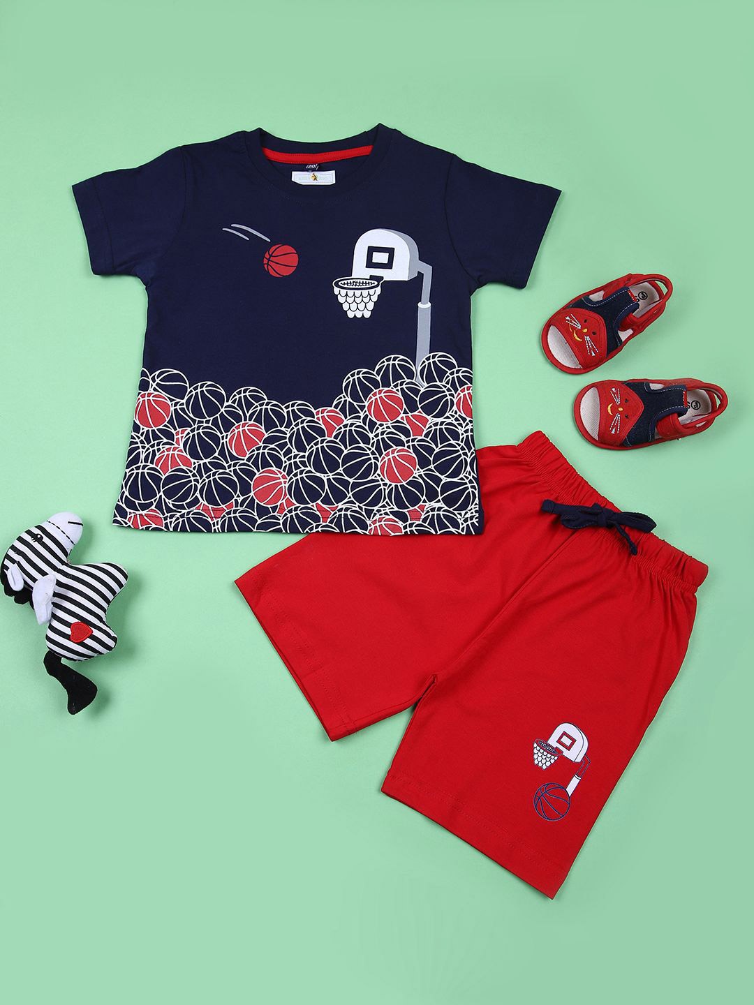 

V-Mart Boys Printed Round Neck Pure Cotton T-Shirt With Shorts, Navy blue